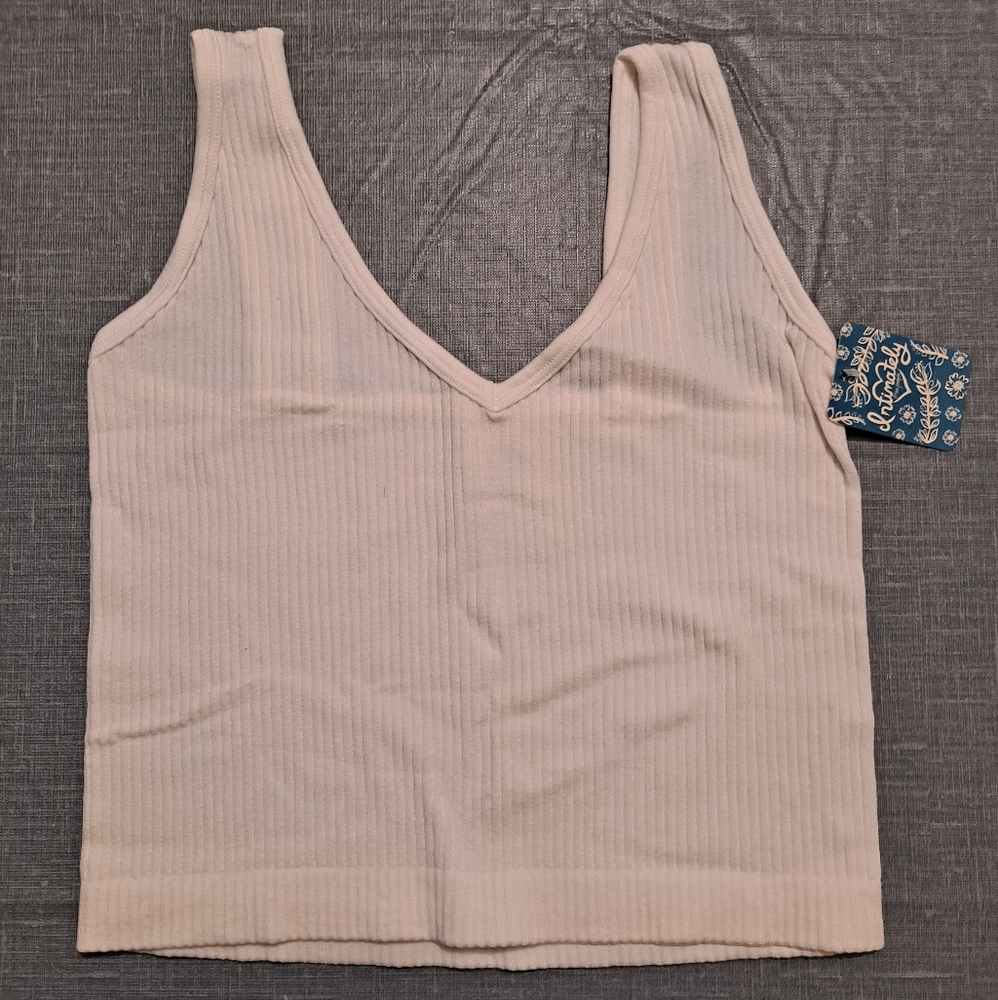 Intimately Free People Women's White Ribbed Cropped V Neck Tank Top